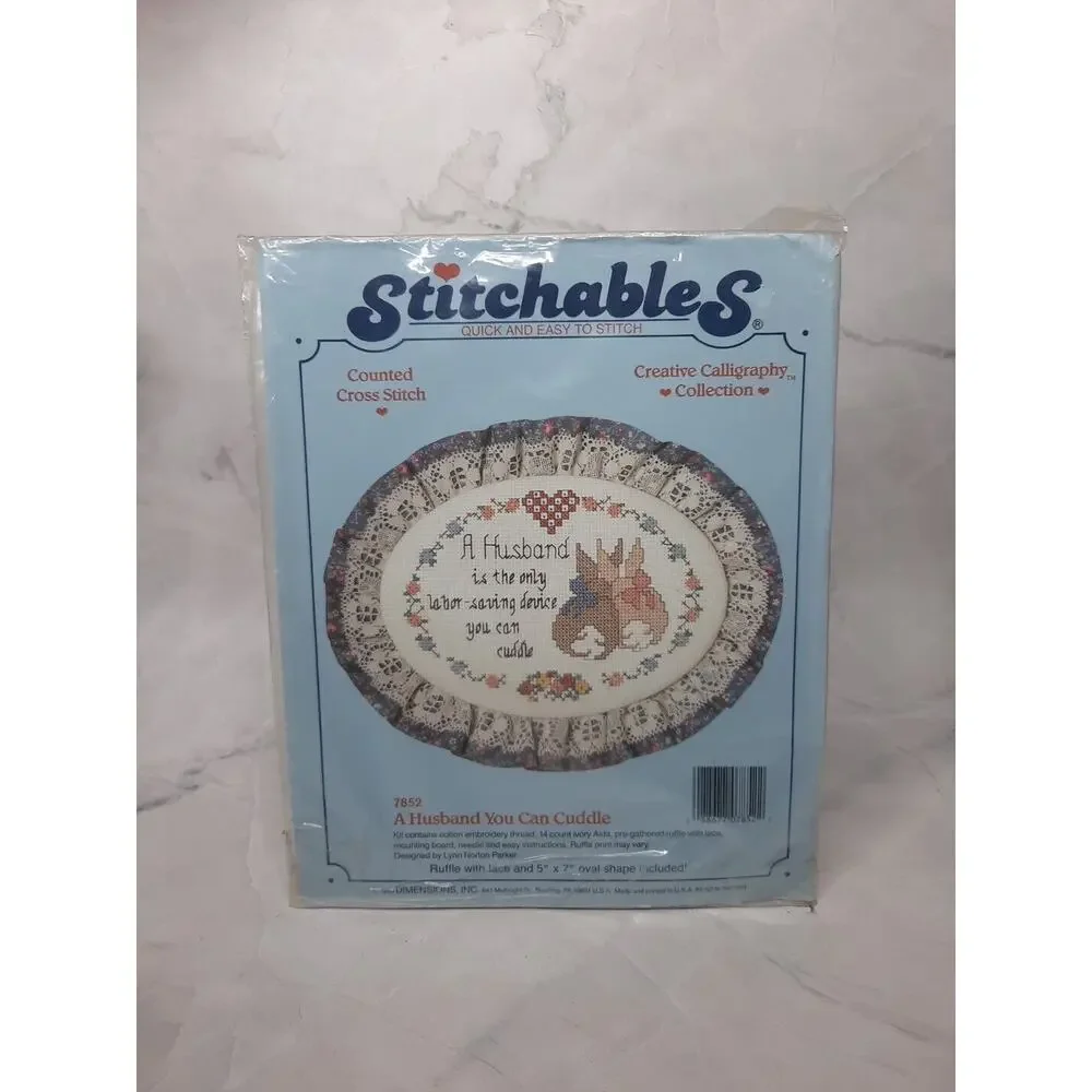 1989 Dimensions Stitchables Cross Stitch Kit A Husband You Can Cuddle 5x7 Oval